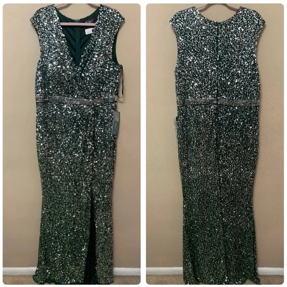 Mac Duggal Cap Sleeve Sequined High Slit Gown in Forest Green Size 16 NWT New - Picture 3 of 13